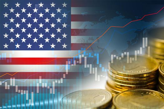 Stock market investment trading financial, coin and USA America flag or Forex for analyze profit finance business trend data background.