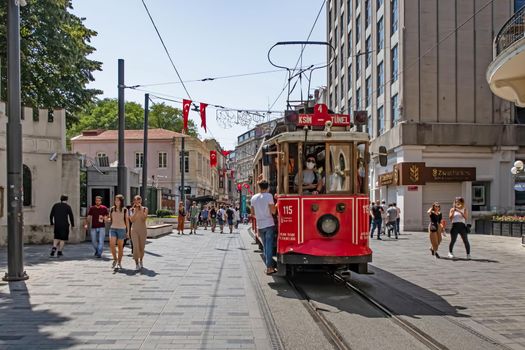 istanbul,turkey-august 28,2021.Street view from Istiklal Street with its historical and modern buildings in summer season with tourists and visitors in istanbul.