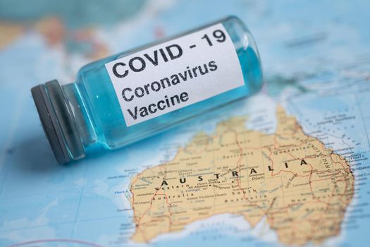 Bangkok, Thailand - July 1, 2021, Coronavirus Covid-19 vaccine on Australia map, development medical for doctor use to treat pneumonia illness patients.