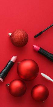 Cosmetic branding, fashion blog cover and girly glamour concept - Make-up and cosmetics product set for beauty brand Christmas sale promotion, luxury red flatlay background as holiday design