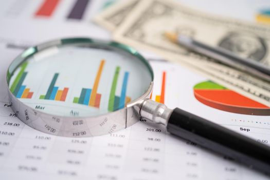 Magnifying glass on charts graphs paper. Financial development, Banking Account, Statistics, Investment Analytic research data economy, Stock exchange trading, Business office company meeting concept.