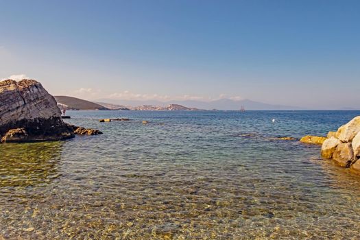 kusadasi,aydin,turkey- july 24,2021.summer season and sea view on the aegean sea coast in kusadasi and summer season.
