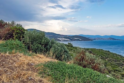 kusadasi,aydin,turkey- july 24,2021.seascape, green nature and sportive trekking paths in kusadasi in early morning time and summer season.
