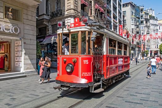 istanbul,turkey-august 28,2021.Street view from Istiklal Street with its historical and modern buildings in summer season with tourists and visitors in istanbul.