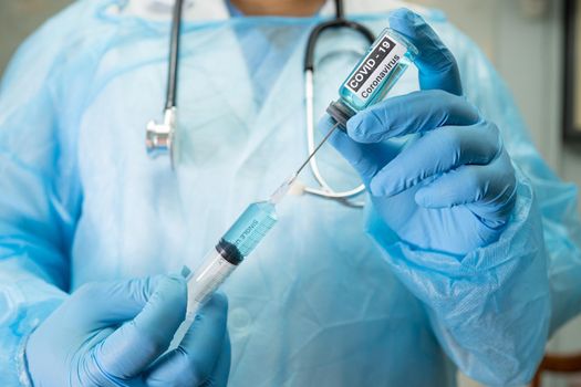 Positive blood infection sample in test tube for covid-19 coronavirus in lab. Scientist holding to check and analyze for patient in hospital.