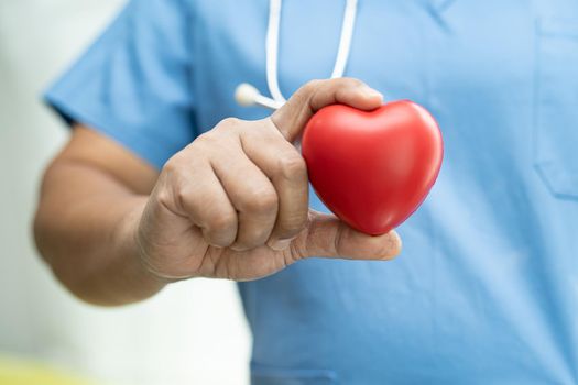 Asian senior or elderly old lady woman patient holding red heart in her hand on bed in nursing hospital ward, healthy strong medical concept