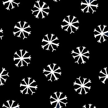 Seamless Pattern with White Snowflakes on Black Background. Abstract Hand-Drawn Doodle Snowflakes.