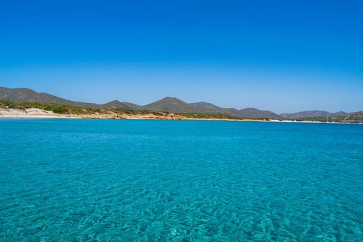 Beautiful view of the southern Sardinian sea. The incredible colors of Zafferano bay, Teulada, Italy.