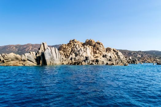 Beautiful view of the southern Sardinian sea from the boat. Note the particular rock formations.