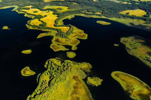 Top view of the Snudy and Strusto lakes in the Braslav lakes National Park, the most beautiful lakes in Belarus.Belarus.