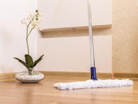 Modern white mop cleaning wooden floor in house