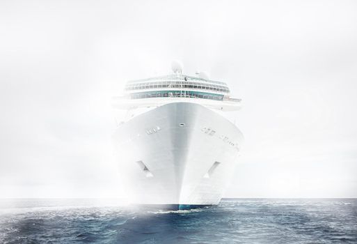 Cruise ship sailing in fog