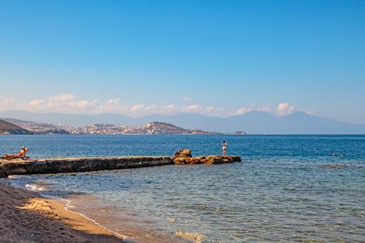 kusadasi,aydin,turkey- july 24,2021.summer season and sea view on the aegean sea coast in kusadasi and summer season.