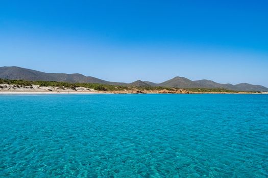 Beautiful view of the southern Sardinian sea. The incredible colors of Zafferano bay, Teulada, Italy.