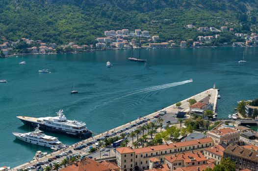 Montenegro landmark Kotor Bay and harbor seen from the medieval Foretress at the peak of mountain