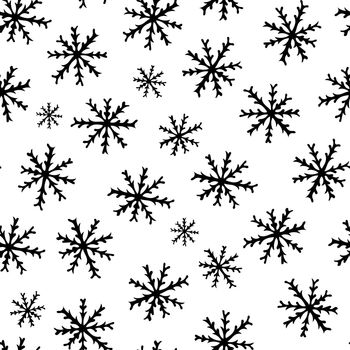 Seamless Pattern with Black Snowflakes on White Background. Abstract Hand-Drawn Doodle Snowflakes.