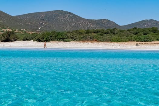 Beautiful view of the southern Sardinian sea. The incredible colors of Zafferano bay, Teulada, Italy.