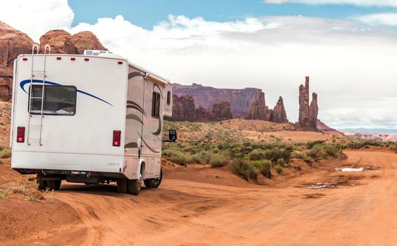 Motorhome on the road in Monument Valley, Utah, USA