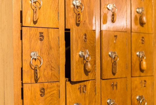 Wooden cells with keys for storing cell phones in Italian restaurant while eating