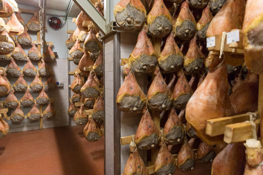 BOLOGNA, ITALY. May 02, 2018: Sorage of prosciutto in a ham factory in Bologna, Italy
