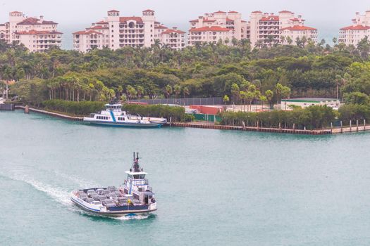 MIAMI, USA - DECEMBER 11, 2016 : Ferry transporting cars from Fisher Island in Miami