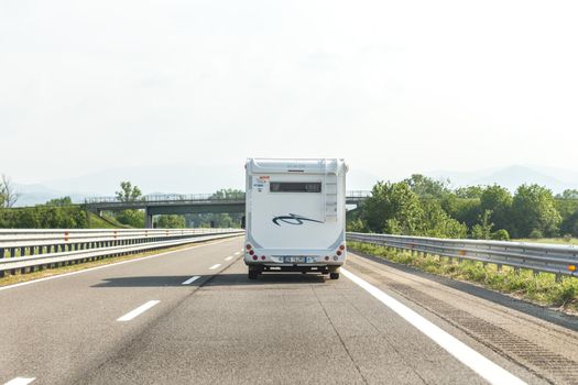BOLOGNA, ITALY 06 MAY, 2018: Camper on the road in Italy, motorhome trailer