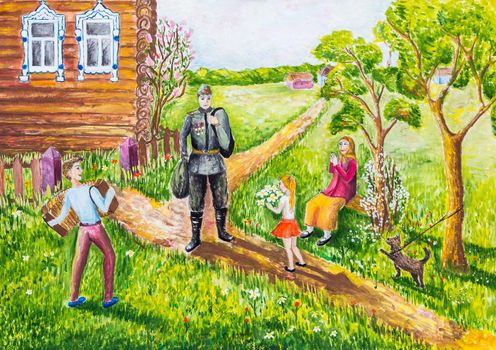 Drawing of soldier comming home after war