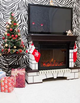 modern artificial fireplace in a living room