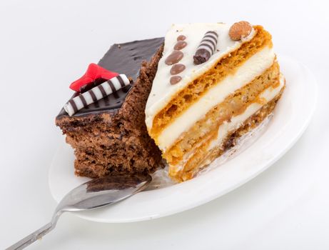 Two pieces of tasty cake on white saucer