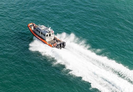MIAMI, USA - SEPTEMBER 06, 2014 : Coast guard boat near Miami port on September 06, 2014 in Miami.