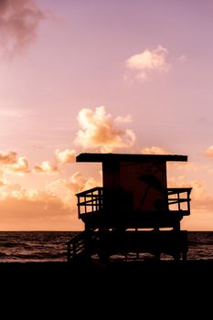 Life guard patrol hut in California during sunset