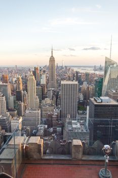 New york, USA - May 17, 2019: New York City Manhattan midtown aerial panorama view with skyscrapers and blue sky in the day