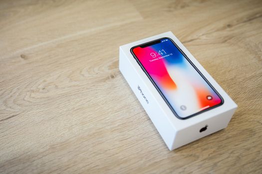 MOSCOW,RUSSIA 12 NOVEMBER, 2017: Iphone X smart phone. Latest Apple Iphone 10 mobile phone. Illustrative editorial. Newest Iphone with touch screen, dual vertical camera