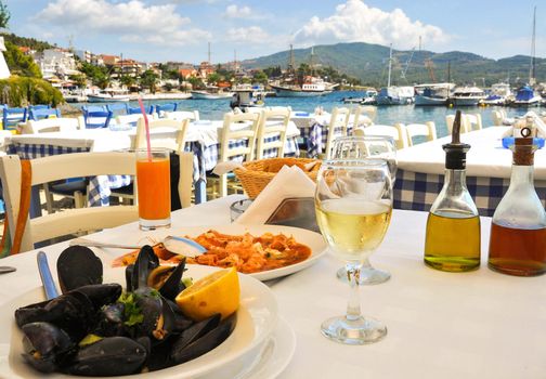 seafood dinner in a Greece resort