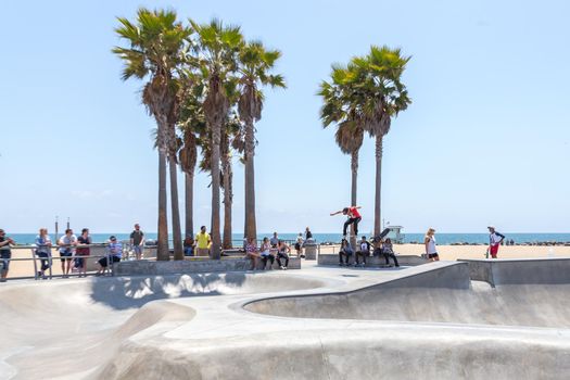 VENICE, UNITED STATES - MAY 21, 2015: Venice Beach, Skaters in Skatepark , California. Venice Beach is one of most popular beaches of LA County.