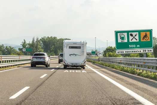 BOLOGNA, ITALY 06 MAY, 2018: Camper on the road in Italy, motorhome trailer