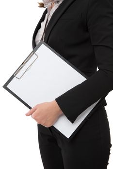 A pretty businesswoman carrying an empty clipboard