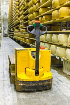 Parmigiano Cheese factory production shelves with aging cheese in Italy, Bologna