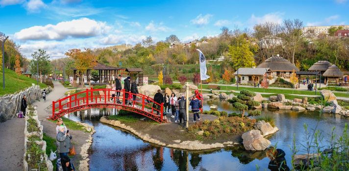 07.11.2020. Uman, Ukraine.  Japanese garden in the Fantasy park Nova Sofiyivka in Uman, Ukraine, on a sunny autumn day