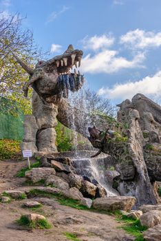 07.11.2020. Uman, Ukraine. Sculpture Dragons in the Fantasy park Nova Sofiyivka, Uman, Ukraine, on a sunny autumn day