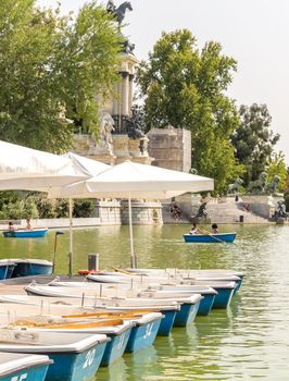 Madrid, Spain. September 7, 2017: View of Buen Retiro park, lake and boats Madrid Spain