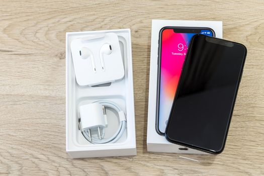 MOSCOW,RUSSIA 12 NOVEMBER, 2017: Iphone X smart phone. Latest Apple Iphone 10 mobile phone. Illustrative editorial. Newest Iphone with touch screen, dual vertical camera