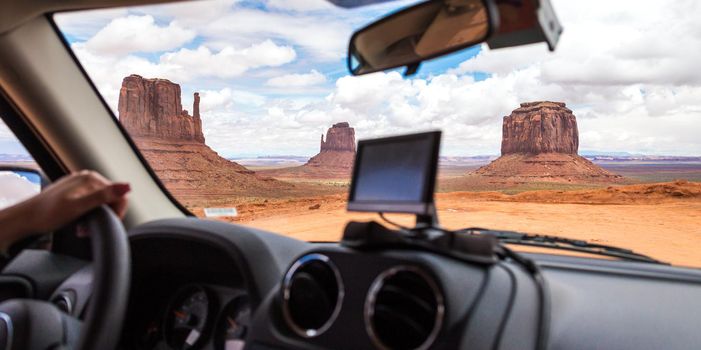 GPS device in a car, satellite navigation system in Monument Valley, USA