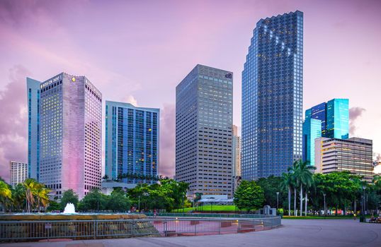 MIAMI, USA - SEPTEMBER 10, 2014 :View of downtown Miami Skyline with the city's public fountain in the foreground on September 10, 2014 in Miami.