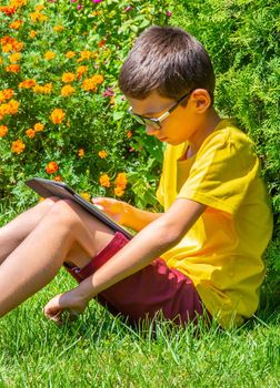 Boy with tablet PC on green grass lawn