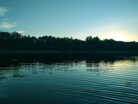 Calm lake surface at evening in Latvia, East Europe. summer sunset landscape with water and forest.