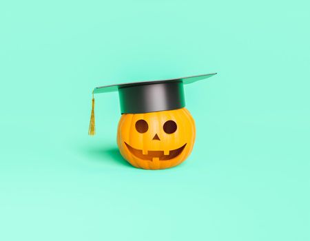 Halloween pumpkin with happy face and graduation hat. education concept. 3d rendering