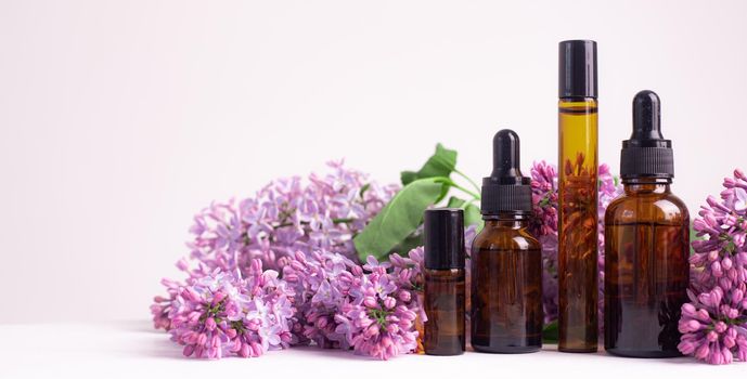 A bottle for cosmetic oil and lilac branches . Cosmetology. Cosmetic oil for the skin. An article about skin care. Lilac branch