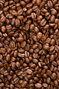 Brown coffee beans, closeup of coffee beans for background and texture