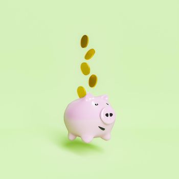 pink piggy bank floating in the air with coins falling on it. minimalistic concept of savings and economy. 3d rendering